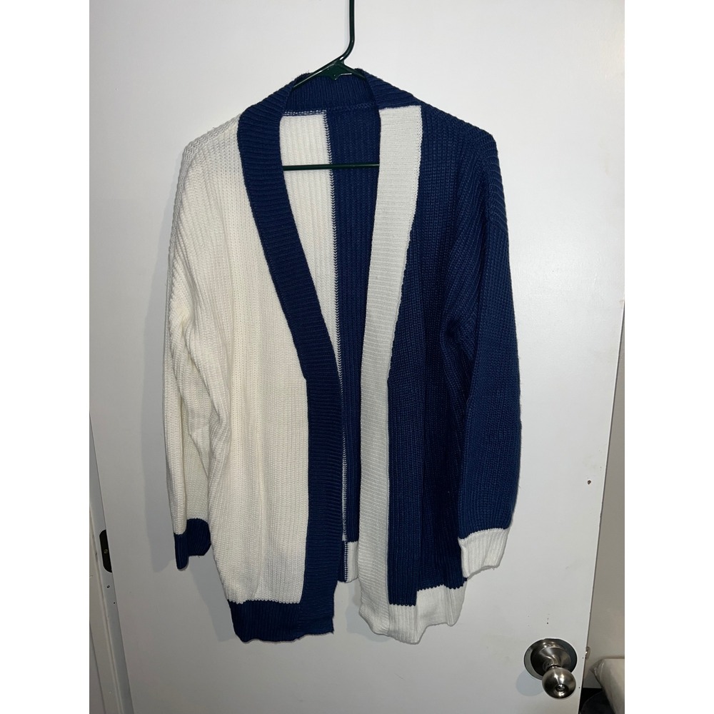 Unbranded Navy Blue and White Colorblock Open Front‎ Knit Cardigan Sweater Small